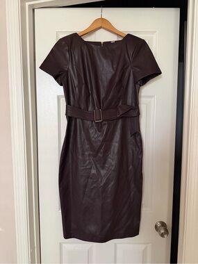 Calvin Klein Faux Leather Midi Dress in Deep Brown with Belt